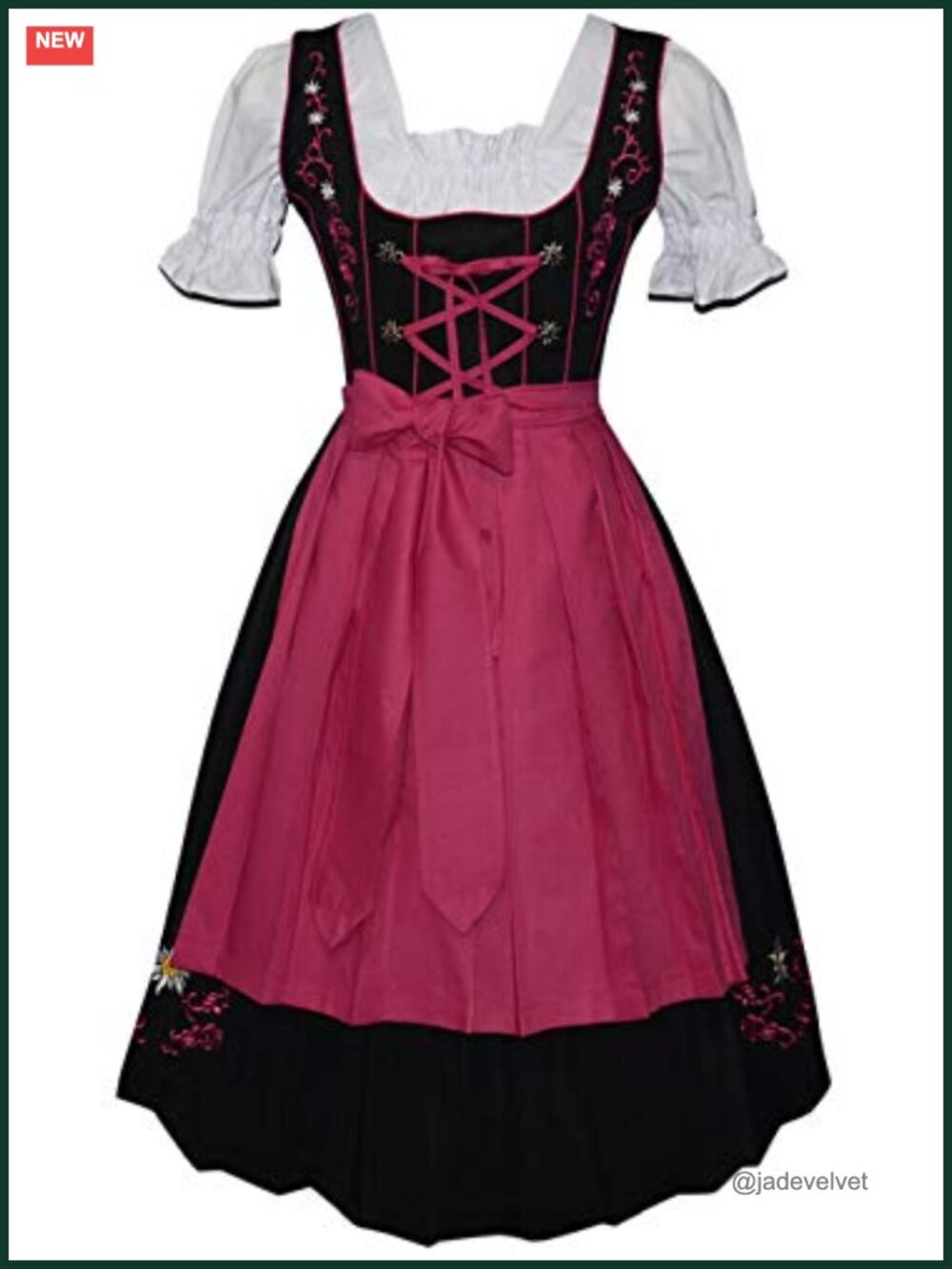 3 Piece Dirndl Dress with Apron & Crop Top - Embroidered Floral